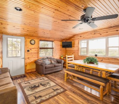 A cozy cabin room with wooden walls and ceiling, furnished with two sofas, a dining table with benches, a rug, wall-mounted TV, and large windows letting in plenty of natural light.