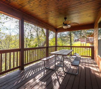 A covered wooden porch with a picnic table and bench seating, ceiling fan, and a chair, overlooking a lush green outdoor area with trees and sunlight streaming through.
