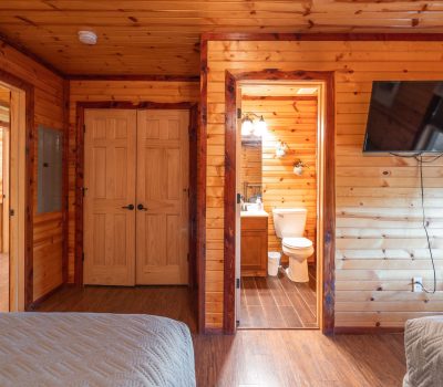 A cozy wooden cabin interior with two beds, a wall-mounted TV, double doors, and an open bathroom door showing a toilet, sink, and mirror. Warm wood paneling covers the walls and ceiling.