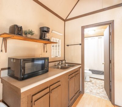A small kitchen area with a microwave, coffee maker, and plant on a shelf above a countertop with a sink. A doorway leads to a bathroom with a toilet and shower. Walls and cabinets are light and dark brown.